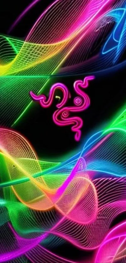 Vibrant neon wave wallpaper with black background and colorful light patterns.