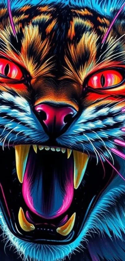 Vibrant neon wild cat with fierce expression.