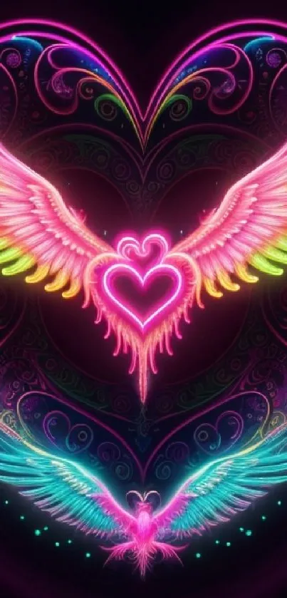 Vibrant neon wings forming a heart in abstract digital art style.