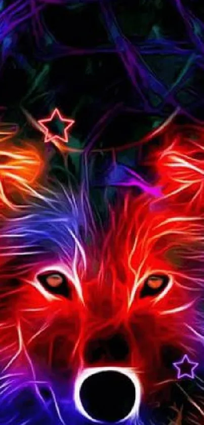 Neon abstract wolf with vibrant colors and star accents.