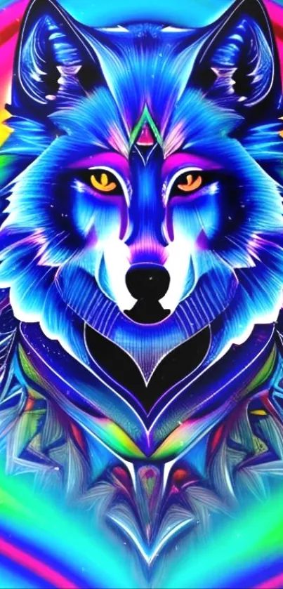 Colorful neon wolf artwork with abstract design elements and vibrant hues.