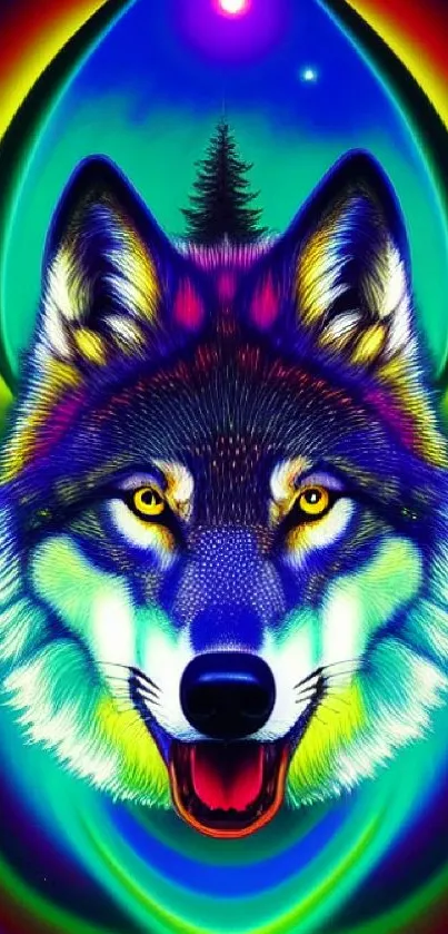 Vibrant neon wolf with psychedelic colors and mystical aura.