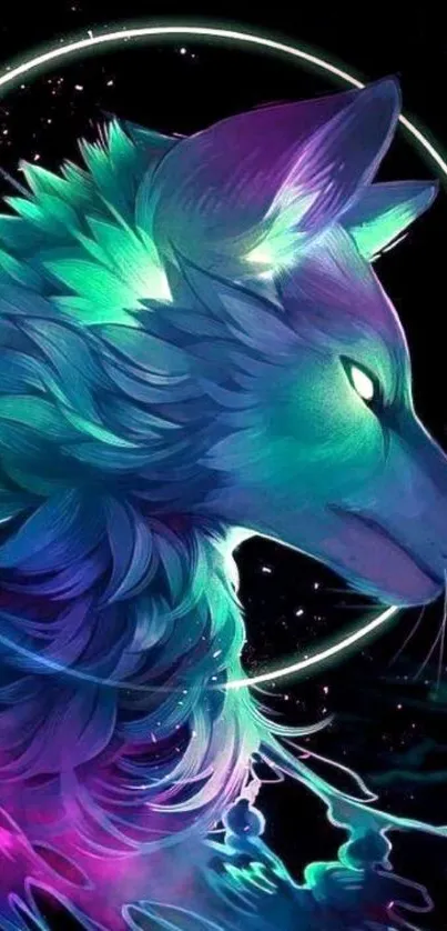 Vibrant neon wolf artwork on a fantasy mobile wallpaper.