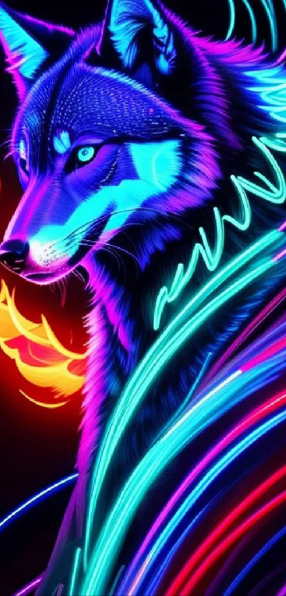 Vibrant neon wolf with dynamic colors.