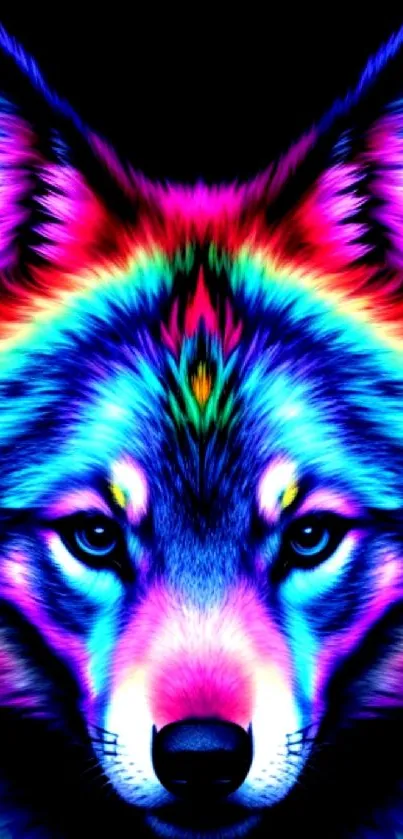 A vibrant neon wolf artwork with bold colors on a black background.