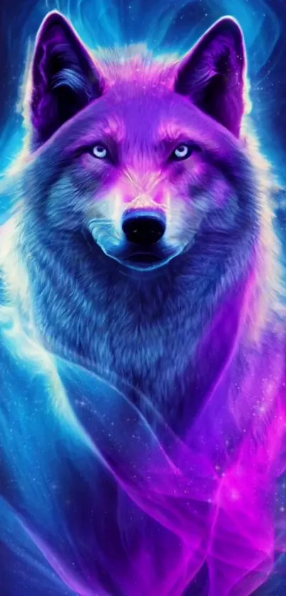 Colorful neon wolf digital art wallpaper with vibrant purple hues.