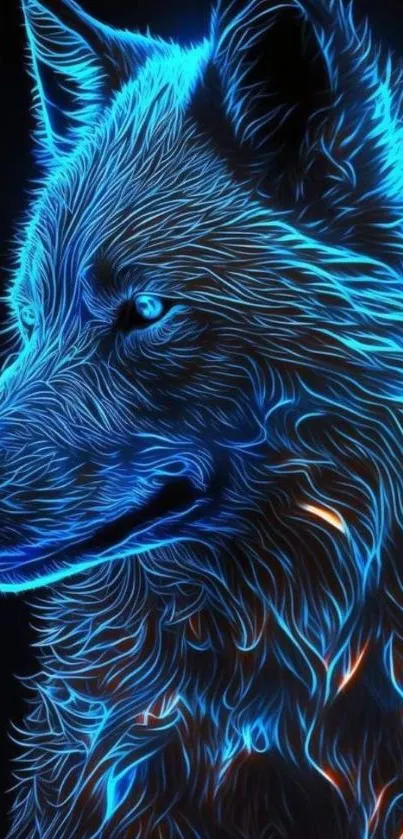 A vibrant neon wolf in blue and orange on a dark background.