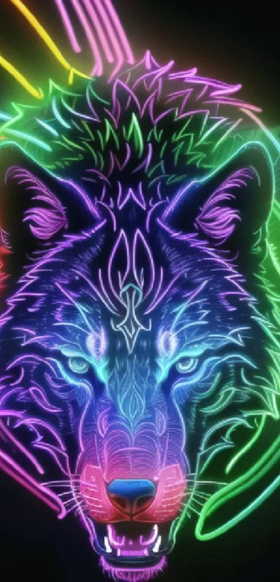 Neon wolf with vibrant colorful design on dark background.