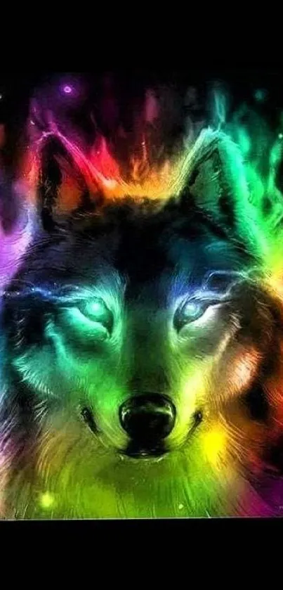 Vibrant neon wolf art with colorful flames.