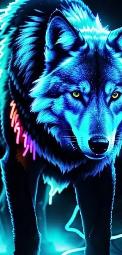 Neon blue wolf wallpaper with vibrant art design.