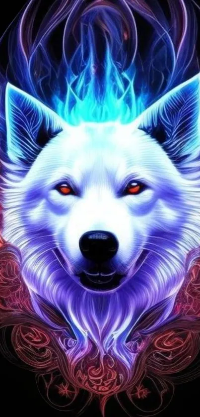 Neon wolf art with fiery and icy design.