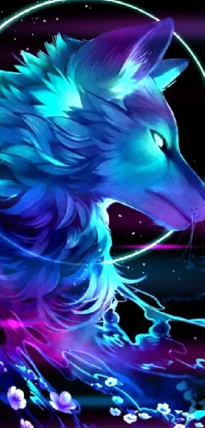 Vibrant neon wolf with blue and purple hues.