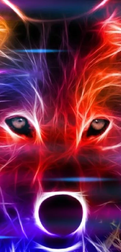 Neon wolf art with vibrant colors and glowing effect on a black background.