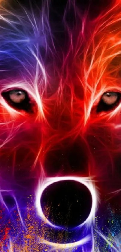 Vibrant neon wolf face art with colorful abstract design.