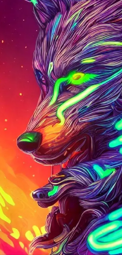 Neon wolf artwork with vibrant orange background and colorful digital design.