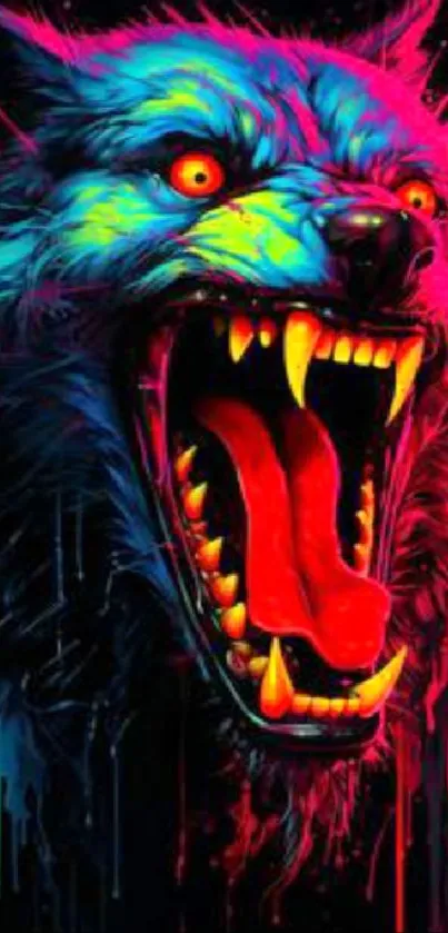 Vibrant neon wolf with open mouth in colorful artwork.