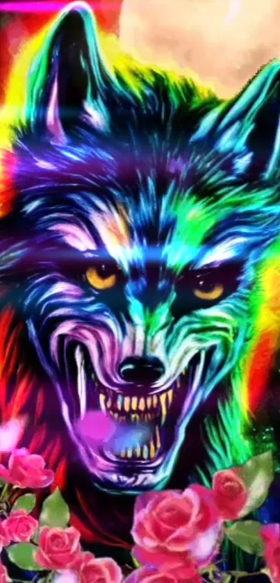 Vibrant neon wolf artwork with colorful floral details.