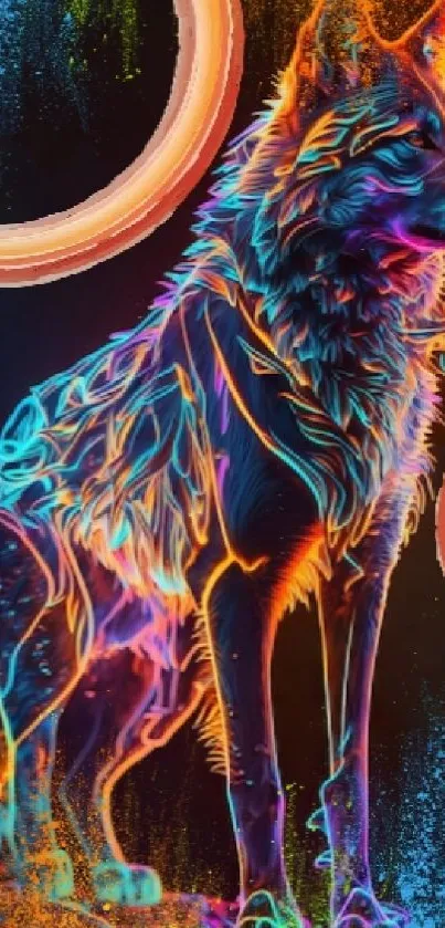 Vibrant neon wolf in colorful digital art style.