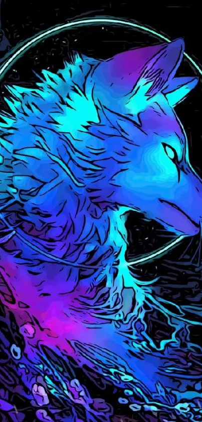 Artistic neon wolf in vibrant cosmic wallpaper.