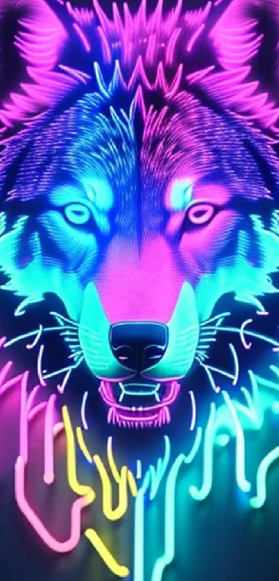 Vibrant neon wolf art wallpaper with electric hues and a glowing design effect.