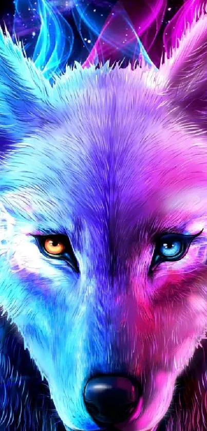 Vibrant neon wolf wallpaper with blue and pink hues.