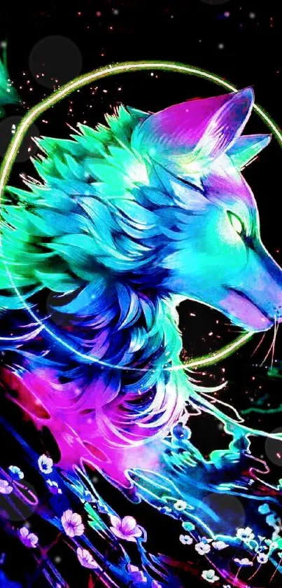 Vibrant neon wolf with colorful swirls and flowers on black background.