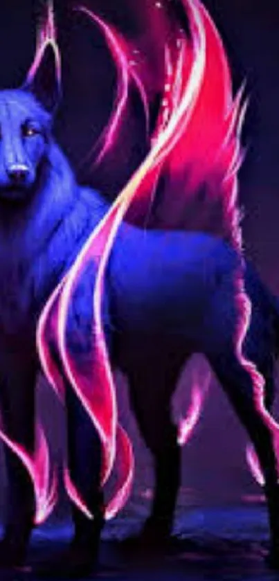 A striking neon wolf art, radiating vibrant blue and purple hues.