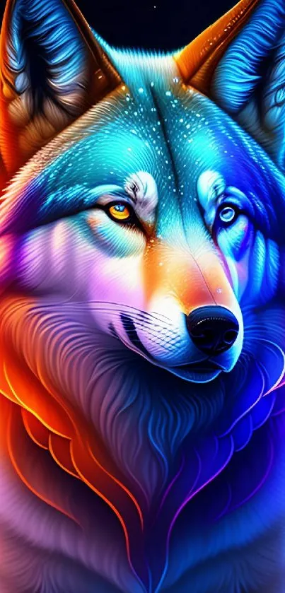 A vibrant neon wolf illustration with bold blue and orange hues, perfect for phone wallpaper.