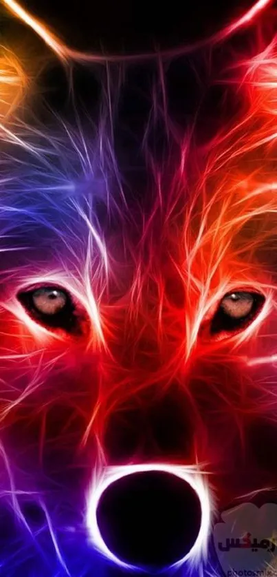 Vibrant neon digital wolf artwork in red and blue with abstract patterns.