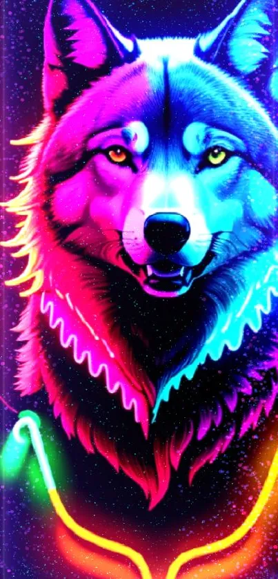 Neon wolf with vibrant rainbow colors glowing on dark background.