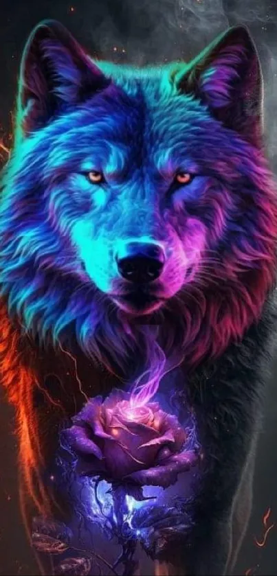 Neon wolf with vibrant colors and a mystical glowing rose design.