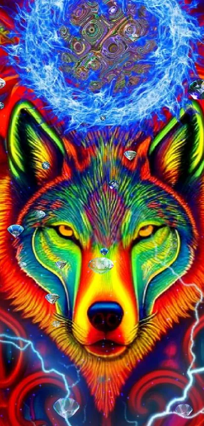 Vivid neon wolf with electric colors and mystical elements.