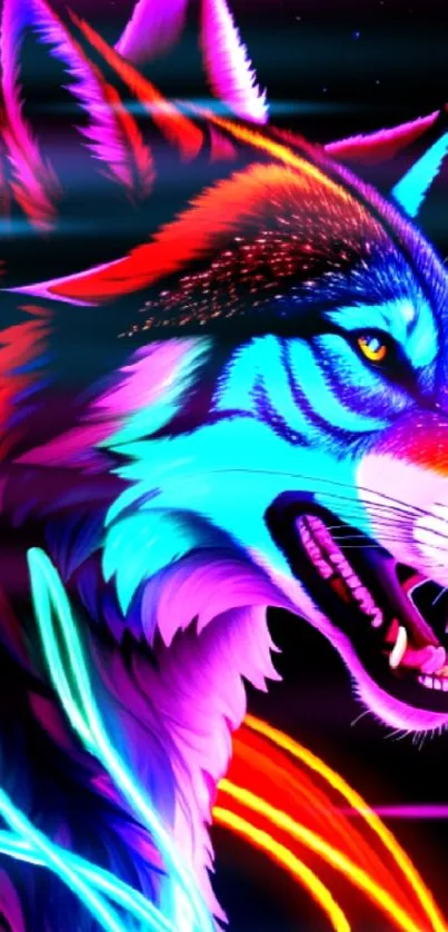 Vibrant neon wolf design in vivid colors on a dark background.