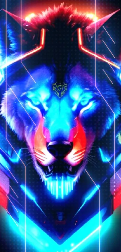 Neon wolf head with vibrant colors on a dark background.