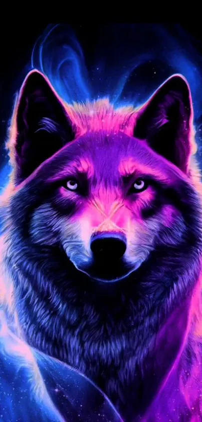 Neon wolf illustration with vibrant purple and blue hues.