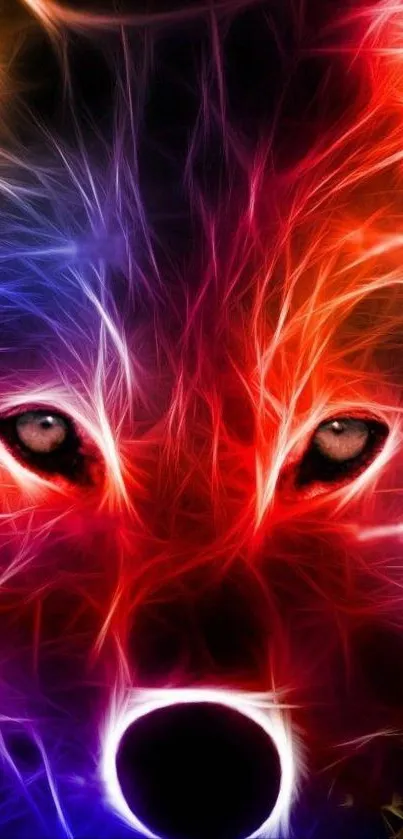 Vibrant neon wolf with colorful fur and glowing fierce eyes.