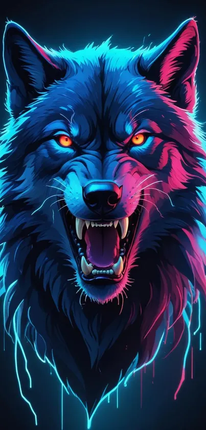 Vibrant neon wolf with fierce expression.