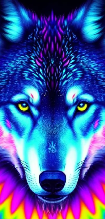 Vibrant neon wolf with bright colors in an artistic mobile wallpaper design.