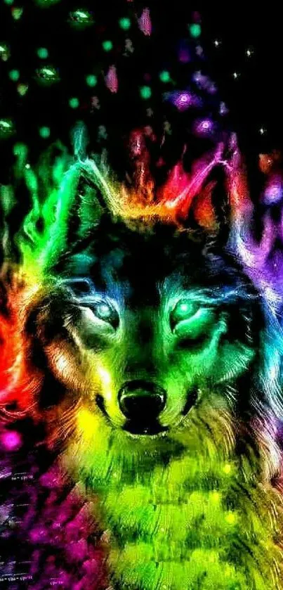 Vibrant neon wolf with rainbow glow on black background.