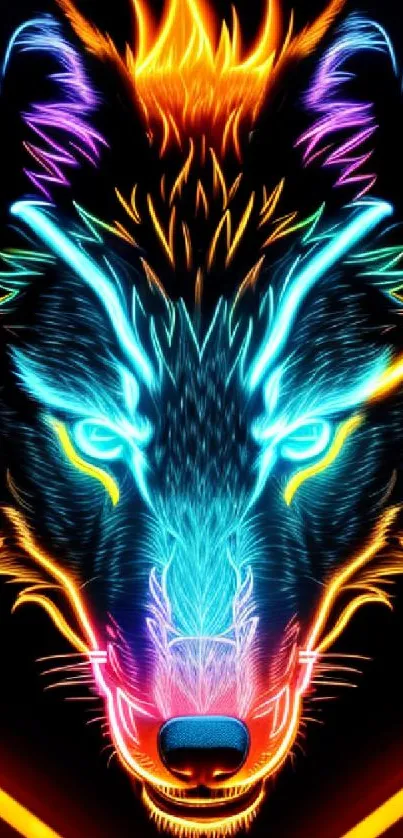 Vibrant neon wolf with multicolored flames on a dark background.