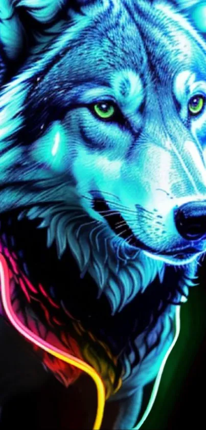 Neon wolf with vibrant blue and colorful accents, perfect for phone wallpaper.