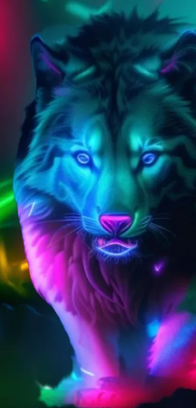 Neon wolf with vibrant colors and glowing effects in a mystical setting.