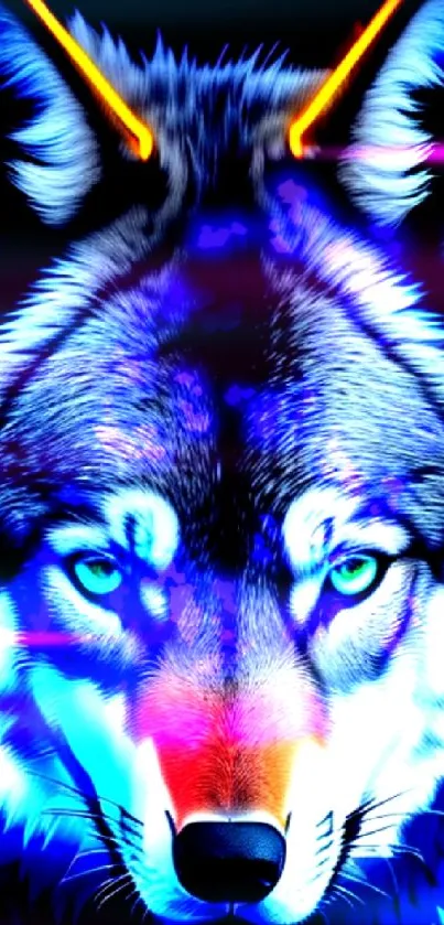 Vibrant neon wolf wallpaper with bright blue hues and striking details.