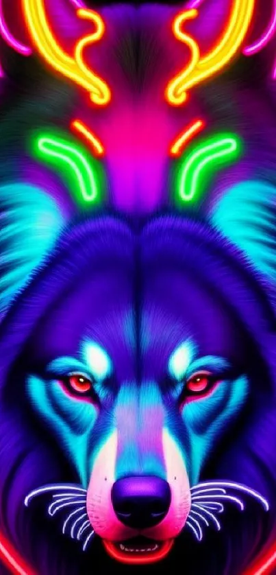 Vibrant neon wolf design with striking lights.