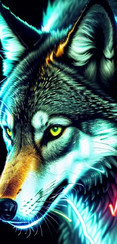 A vibrant neon wolf with glowing colors on a dark background, perfect for wallpapers.