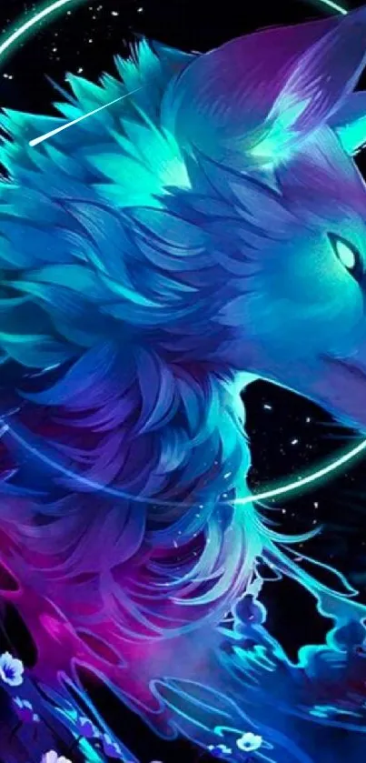 Vibrant neon wolf with glowing blue fur and floral accents.