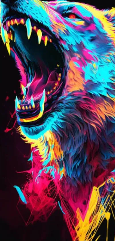 Bold neon wolf with vibrant colors on black background.