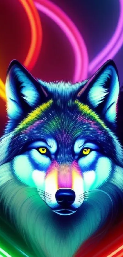 Vibrant neon wolf surrounded by colorful light trails.