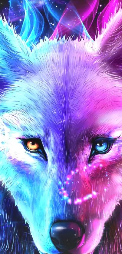 A vibrant neon wolf with electric blue and pink hues on a mobile wallpaper.