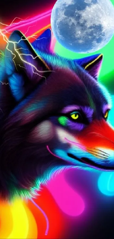 Neon wolf with vibrant colors, lightning, and moon.